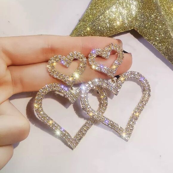 Double Heart Diamond Gold Large Earrings - Picture 1 of 3